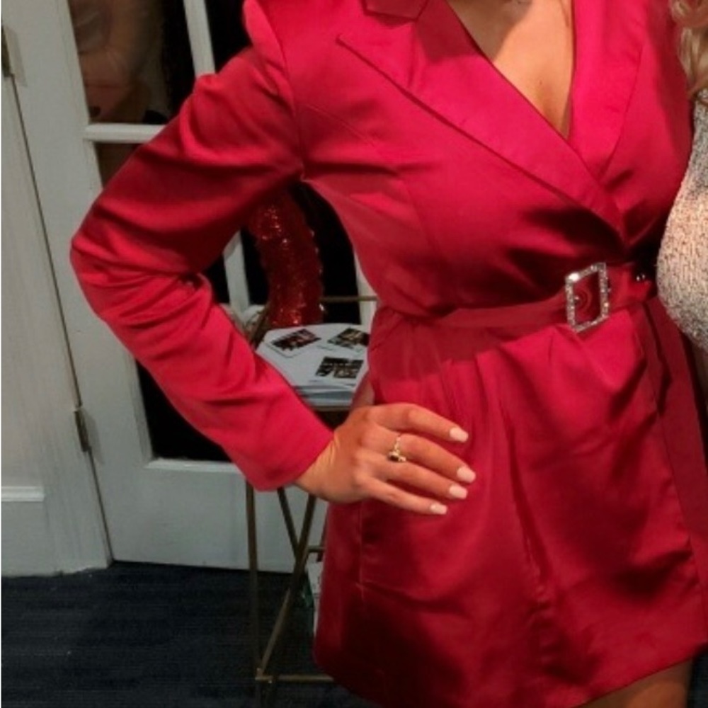 NWT MESHKI Zofia wrap blazer MINI DRESS- burgundy with crystal belt